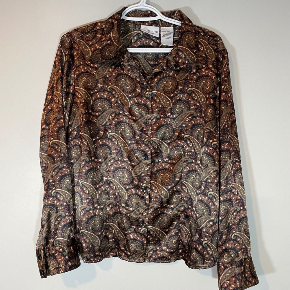 VTG Jaclyn Smith Classic Brown Paisley Satin Button Down Blouse L
Top Academia